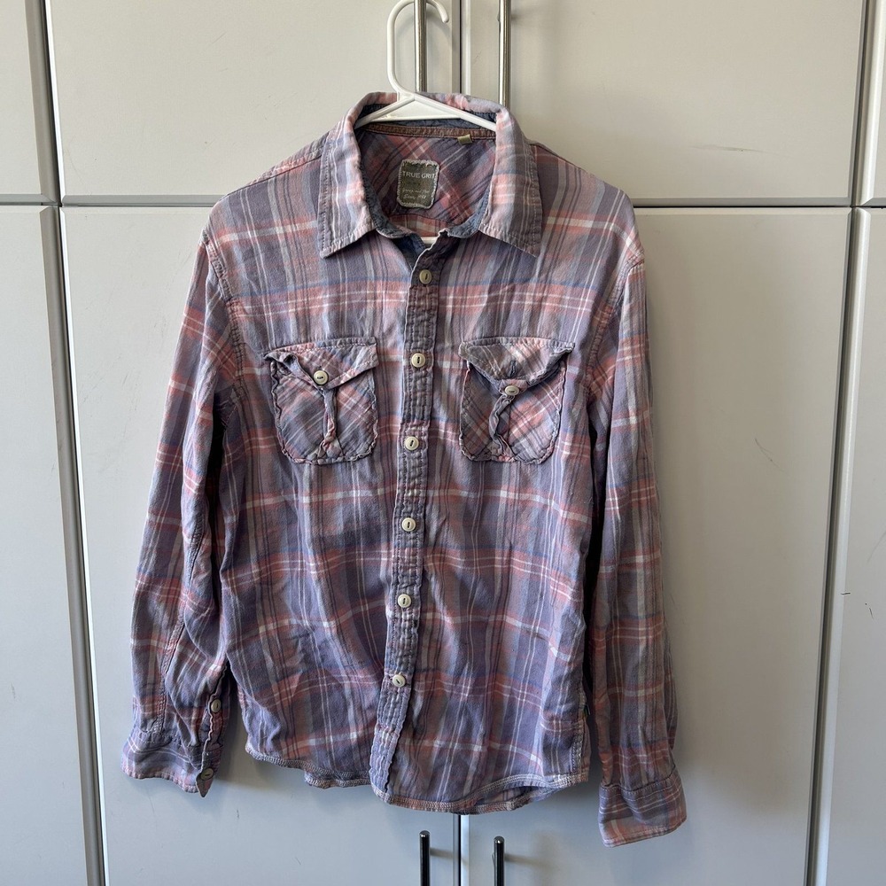 True Grit Mens Purple Pink Plaid Flannel Button Down Shirt Size Medium Pockets